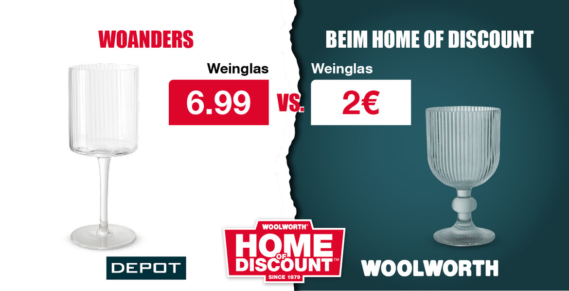 Weinglas – Woanders für 6.99 € vs. für 2 € beim Home of Discount