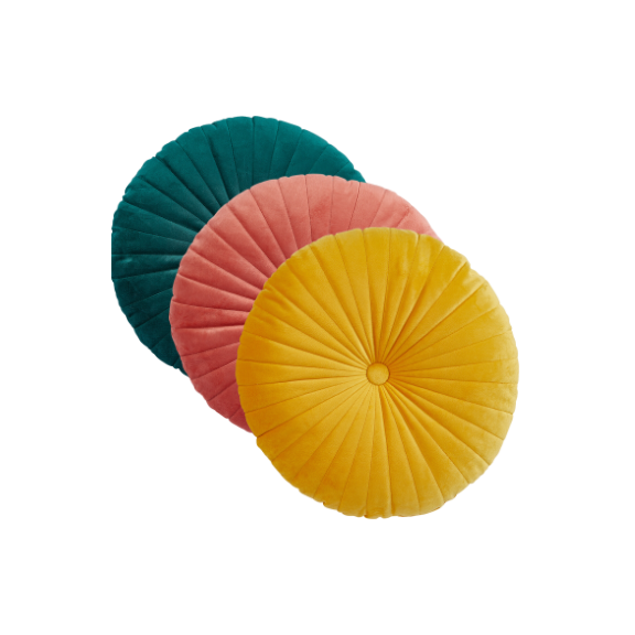 Runde Dekokissen in Rot, Blau und Gelb