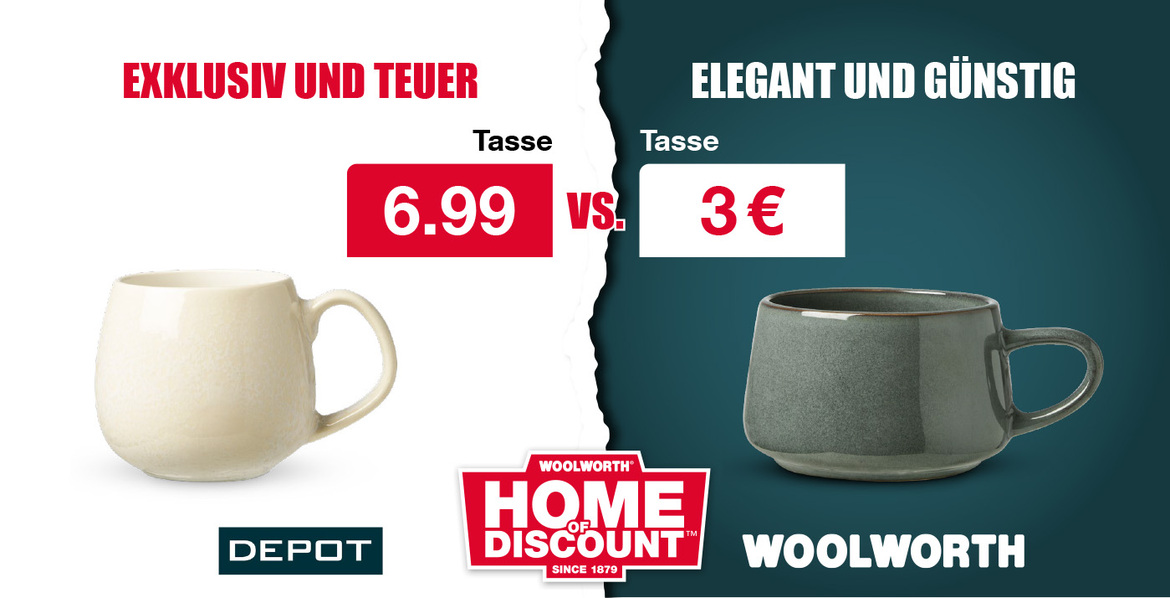 Tasse – Exklusiv und teuer für 6.99 € bei Depot vs. Elegant und günstig für 3 € bei Woolworth