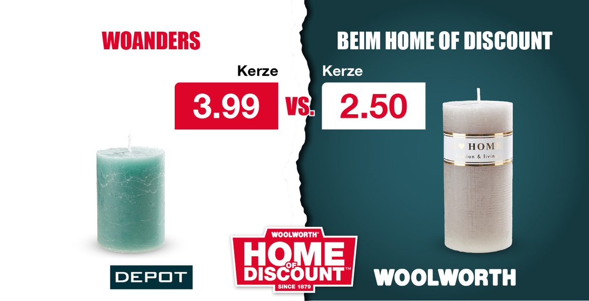 Kerze – Exklusiv und teuer für 3.99 € bei Depot vs. Elegant und günstig für 2.50 € bei Woolworth