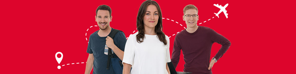 Drei Azubis vor rotem Hintergrund.