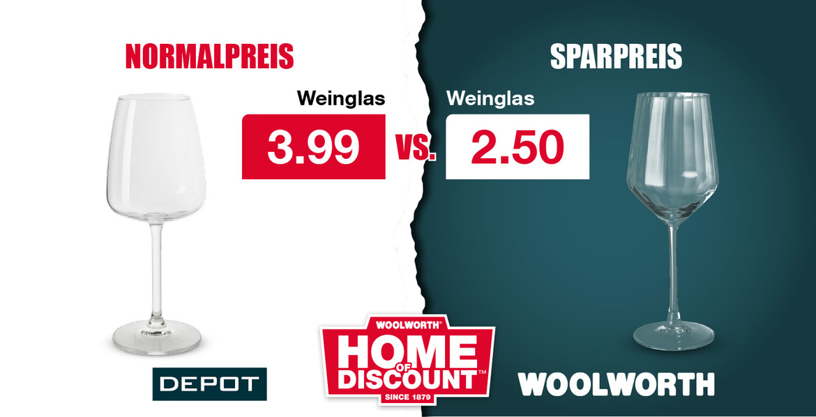 Weinglas – Normalpreis für 3.99 € bei Depot vs. Sparpreis für 2.50 € bei Woolworth