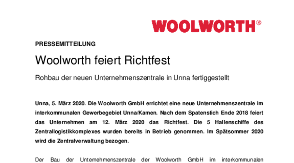 Pressemitteilung - Woolworth feiert Richtfest