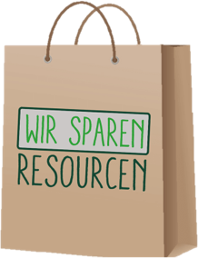 "Wir sparen Resourcen" Schriftzug auf Papiertüte