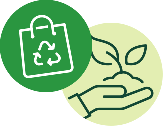Icon Recycle Logo auf Papiertüte, Hand hält Pflanze