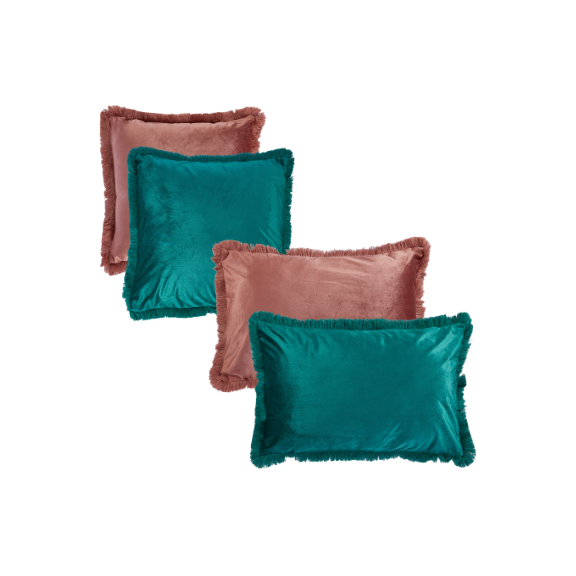 Kissenhuelle mit Fransen in Tuerkis und Rot