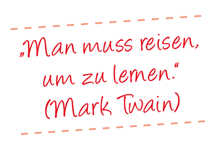 Zitat von Marc Twain zum Thema Reise in roter Schrift vor weißem Hintergrund.