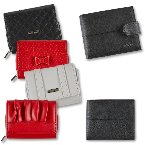 Geldboersen in Weiß, Rot und Schwarz und verschiedenen Designs