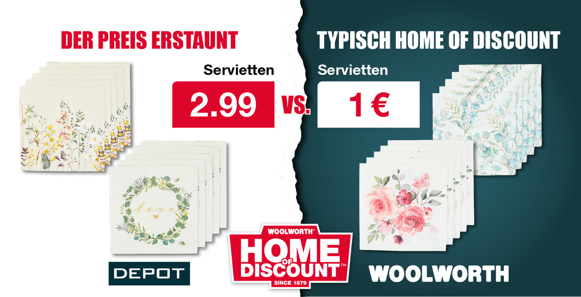 Servietten – Der Preis erstaunt für 2.99 € bei Depot vs. Typisch Home of Discount für 1 € bei Woolworth