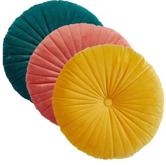 Runde Dekokissen in Blau, Rot und Gelb