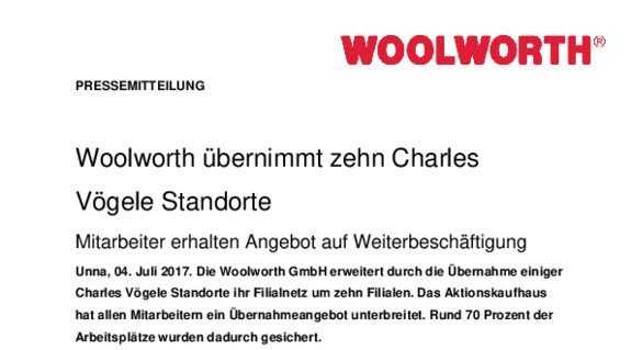 Woolworth übernimmt zehn Charles Vögele Standorte 